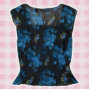 Express Vintage Silk Whimsigoth Black Floral Sheer Fairy Milkmaid Blouse 13/14